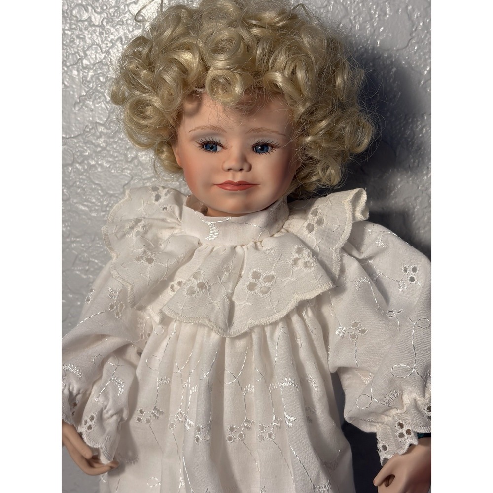 Curly Blonde Hair Porcelain Doll 16" Blue Eyes All White Gown - Picture 2 of 13